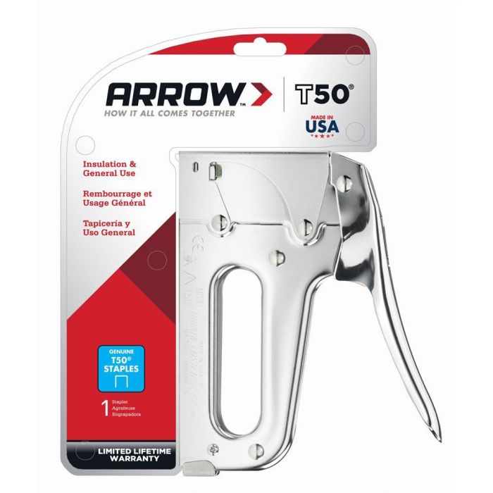 Arrow T50 staple gun with all-steel construction in a durable chrome finish