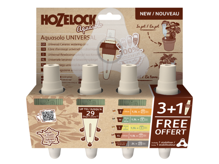 Hozelock 100-101-070 AQUASOLO Universal Green 4 Pack + Stabiliser green self-watering cone system