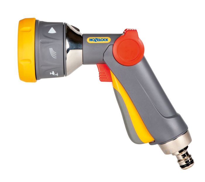 Hozelock Multi Plus Spray Gun with seven spray patterns, lockable front trigger, and flow control slider in plastic and metal