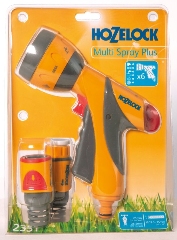 Hozelock 2351 Multi Spray Plus Gun With Connectors with six spray patterns and soft-touch ergonomic handle