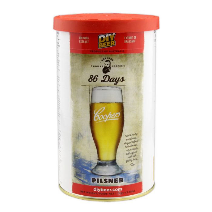Coopers 1.7kg 40 Pint 86 Days Pilsener Beer Making Kit in golden