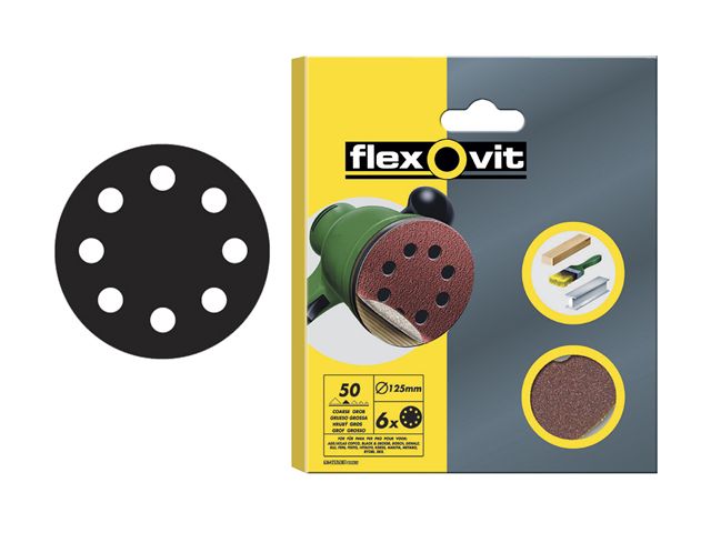 Flexovit Hook & Loop Sanding Discs 125mm Coarse 50g pack of 6