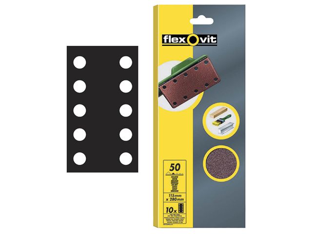 Flexovit 1/2 Sanding Sheets 115mm x 280mm Fine 120g 8-Hole Pack of 10