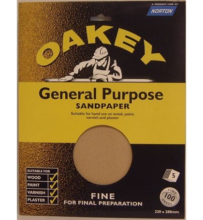 Oakey OAK58287 Fine Sandpaper Sheets, Grade 100, 230 x 280 mm, Pack of 5