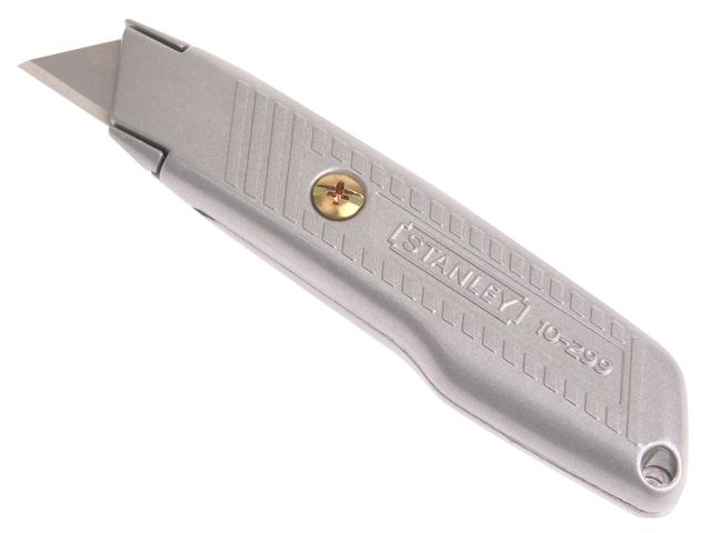 Stanley 0-10-299 fixed blade utility knife with metal grooved body and 3 blades