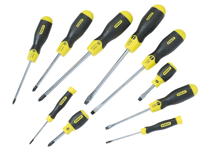 Stanley 2-65-014 Cushion Grip Flared and Pozi Screwdriver Set of 10 with chrome-plated bars and magnetic tips