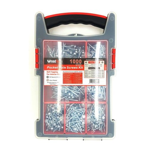 Woodfox MP1000SK 1000-Piece Pocket Hole Screw Assortment Pack with silver zinc plated screws and storage case