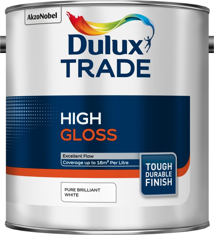 Dulux Trade High Gloss 2.5L solvent-based wood and metal paint in Pure Brilliant White