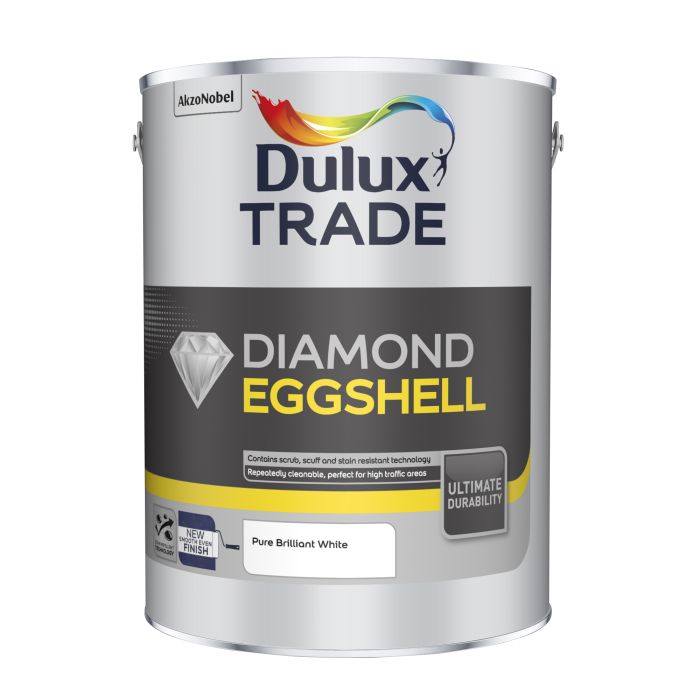 Dulux Trade Diamond Eggshell Pure Brilliant White 5L water-based emulsion paint with a smooth mid sheen finish