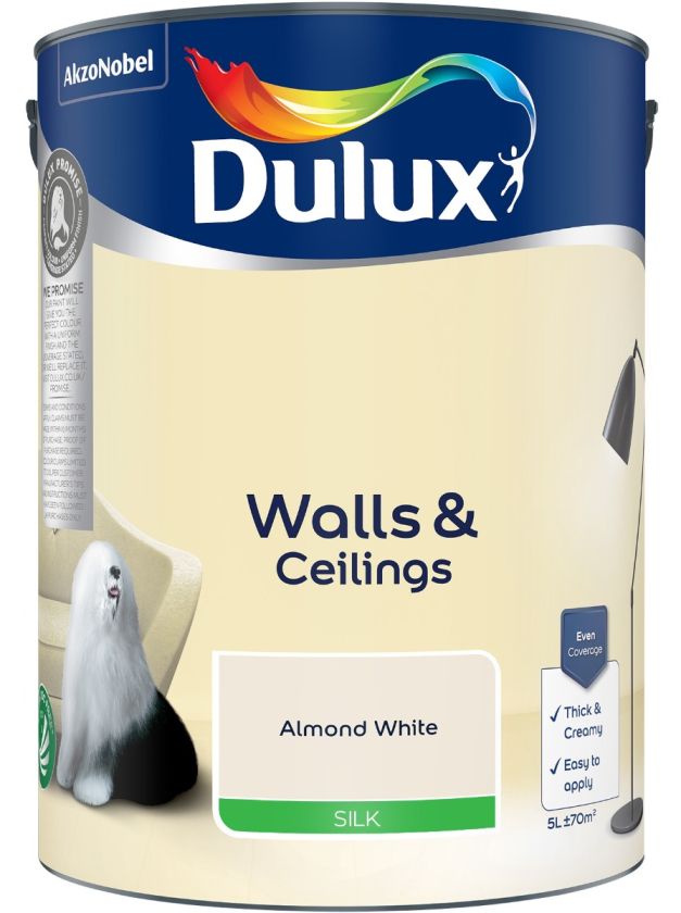 Dulux Silk Emulsion Paint - Almond White - 5L wipe-clean silk wall and ceiling paint