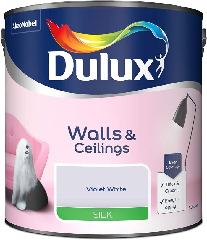 Dulux Violet White Silk Emulsion Paint, 2.5L tin