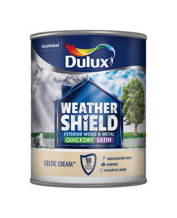 Dulux Weathershield Exterior Quick Dry Satin Paint in Celtic Cream, 750ml tin