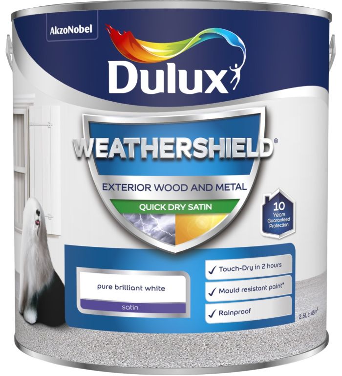 Dulux Weathershield Quick Dry Exterior Satin 2.5L Pure Brilliant White paint tin