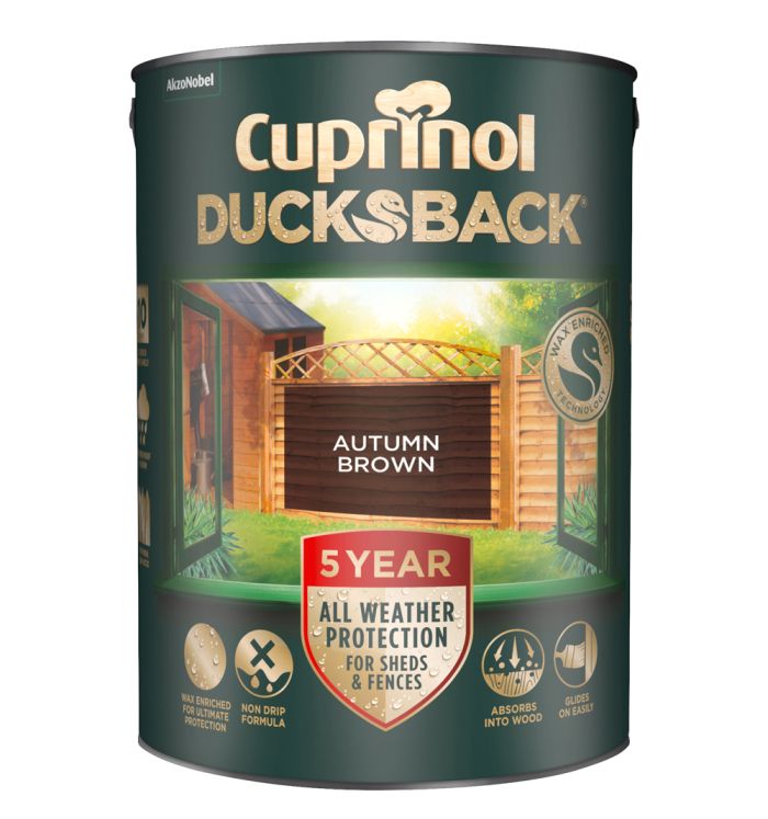 Cuprinol 5 Year DucksBack Autumn Brown 5L timbercare paint tin
