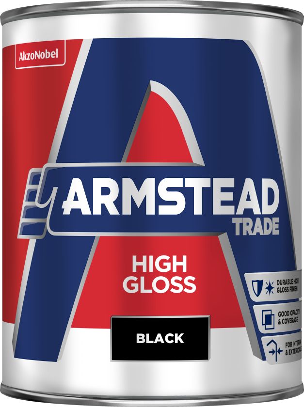 Armstead Trade High Gloss black 1L solvent-based paint for interior and exterior wood and metal