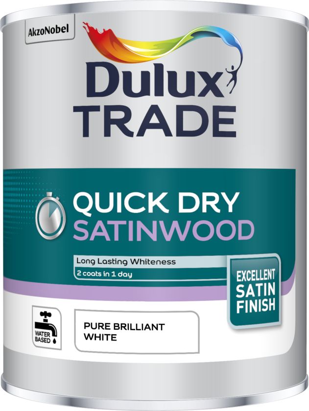 Dulux Trade Quick Dry Satinwood 1L wood and metal paint in Pure Brilliant White satin