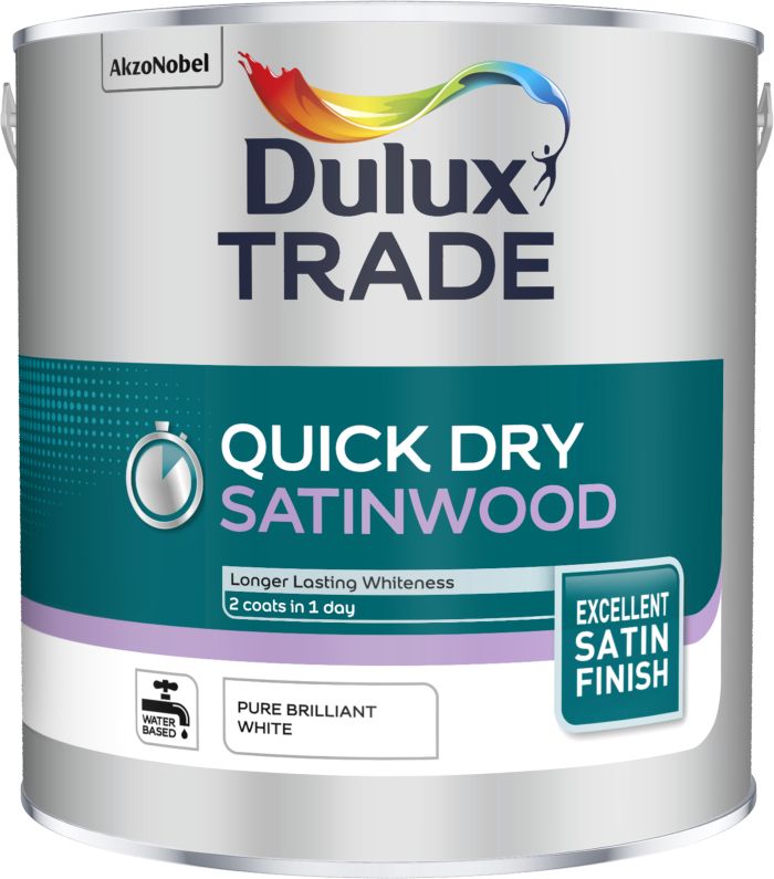 Dulux Trade Quick Dry Satinwood interior paint in Pure Brilliant White, 2.5L tin
