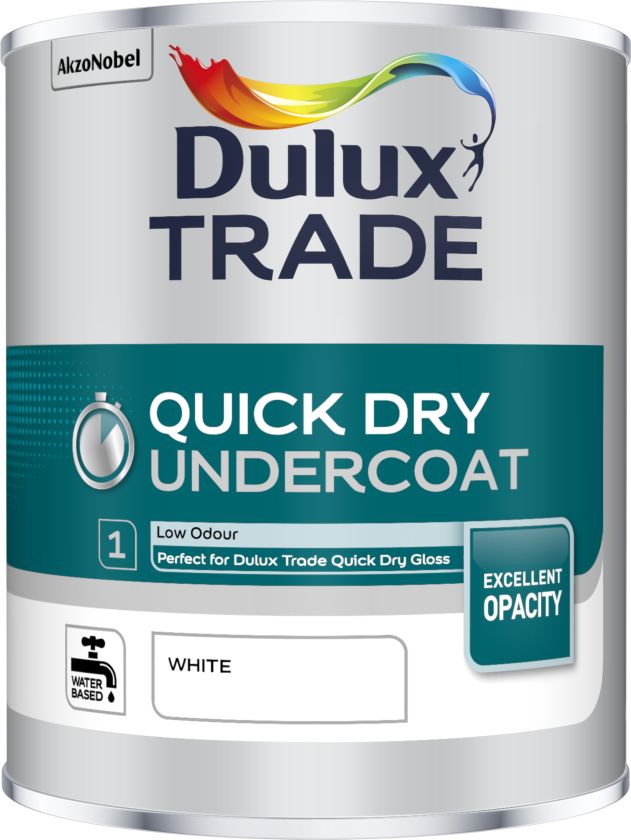 Dulux Trade Quick Dry Undercoat White 1L water-based interior paint with a matt finish