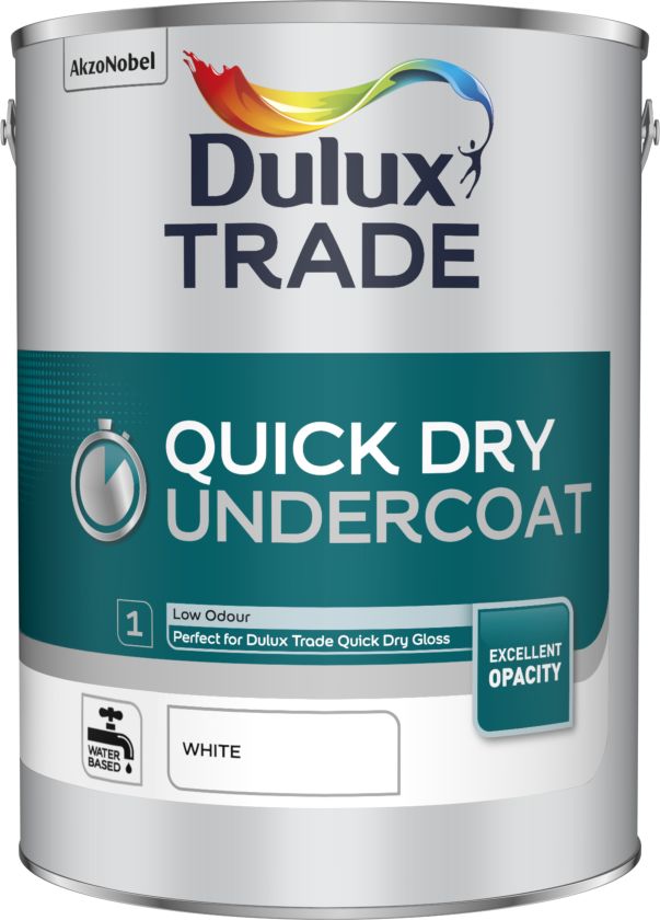 Dulux Trade Quick Dry Undercoat White 5L paint tin with a matt finish