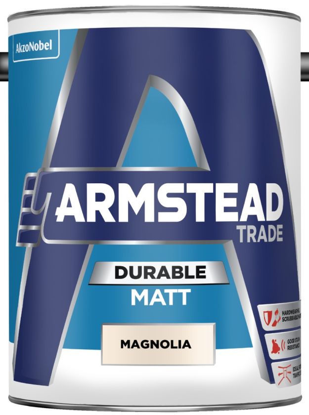 Armstead Trade Durable Matt Emulsion Magnolia 5L interior paint with a scrubbable matt finish