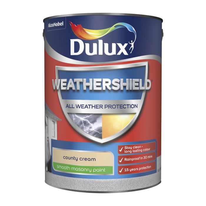 Dulux Weathershield Smooth Masonry Paint in County Cream, 5L exterior wall paint