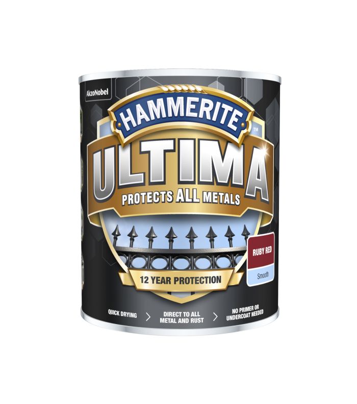 Hammerite Ultima 750ml Smooth Ruby Red metal paint