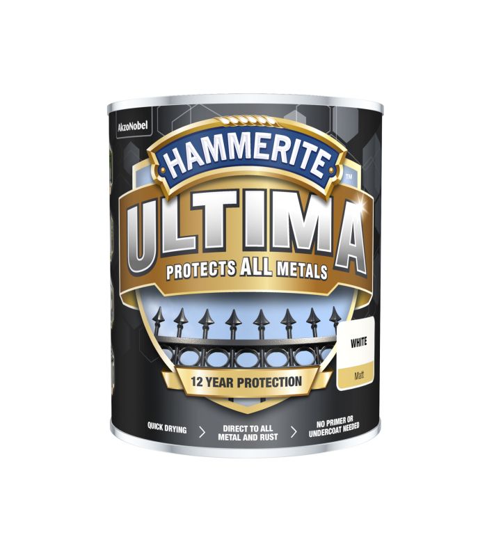 Hammerite Ultima exterior metal paint in matt white, 750ml tin
