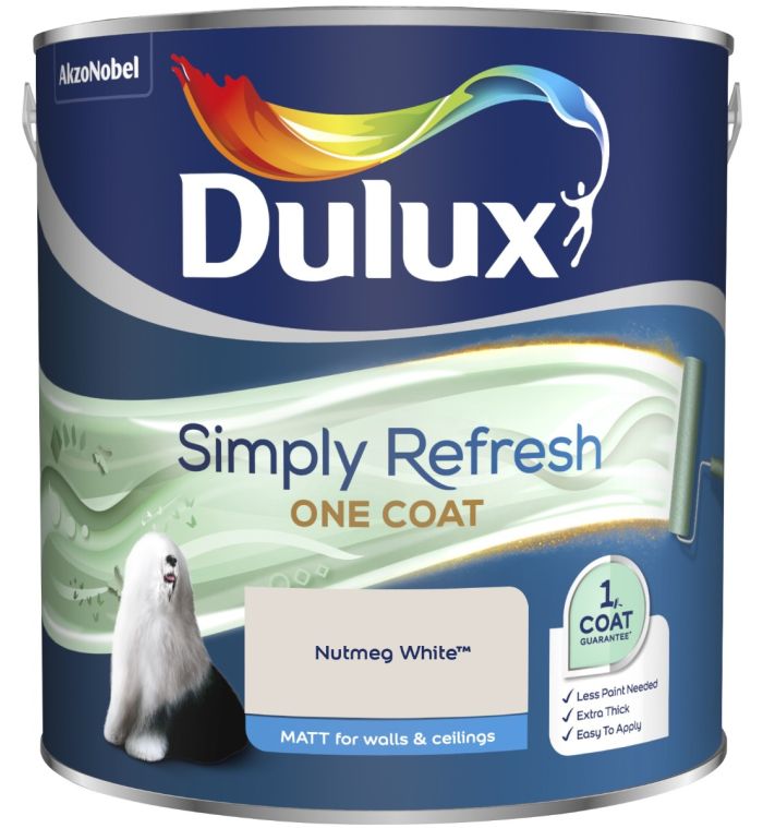 Dulux Simply Refresh One Coat Matt Emulsion Paint in Nutmeg White, 2.5L tin with a matt finish