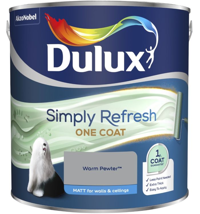 Dulux Simply Refresh One Coat Matt Emulsion Paint in Warm Pewter, 2.5L tin with a matt finish