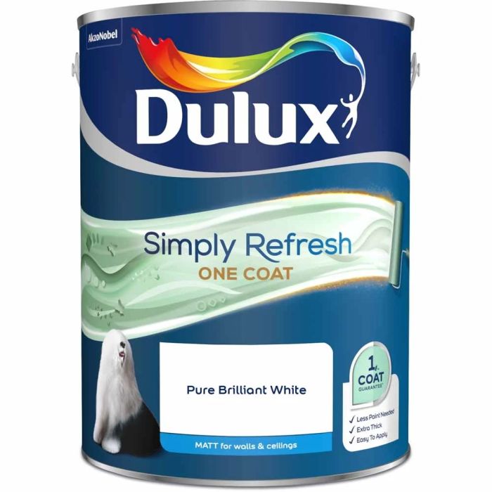Dulux Simply Refresh One Coat Matt Emulsion Paint, Pure Brilliant White, 5L tin with matt finish