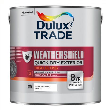 Dulux Trade Weathershield Quick Dry Exterior High Gloss Paint, Pure Brilliant White, 2.5L