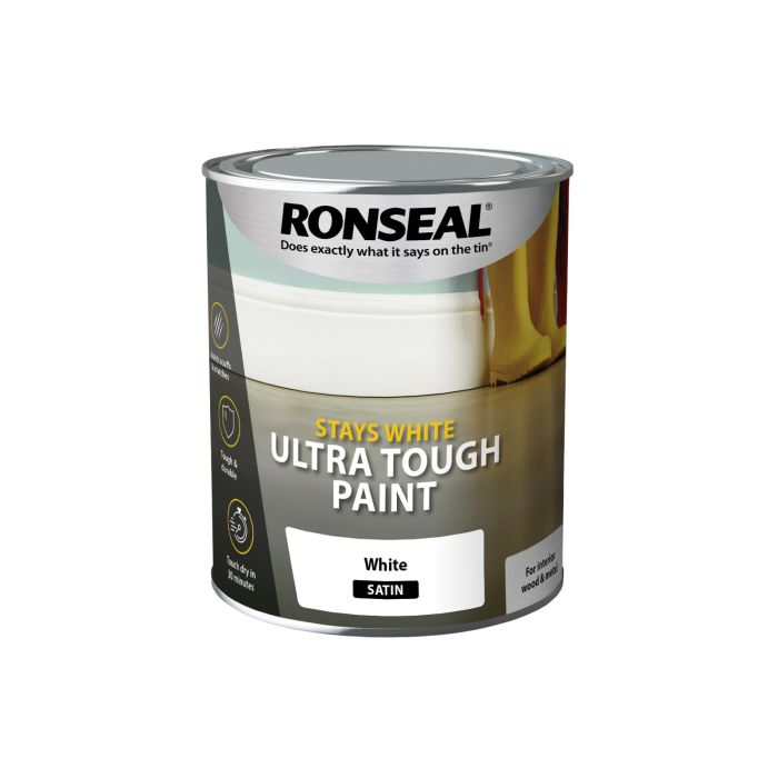 Ronseal Stays White Ultra Tough Paint, 750ml, satin white wood and metal paint