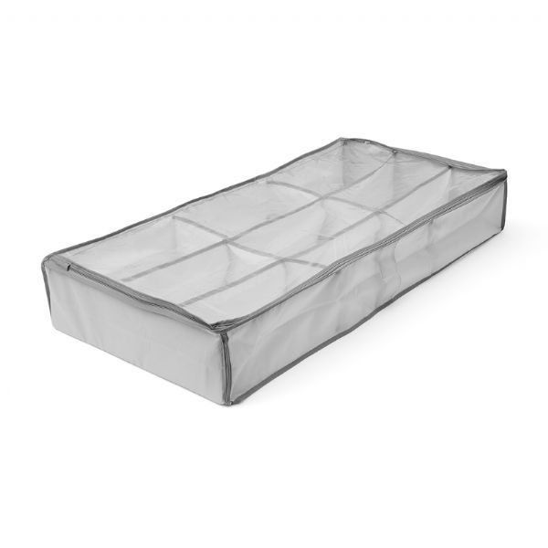 Addis Underbed Shoe Bag in grey, holds up to 9 pairs with a clear viewing window and pull-out handle