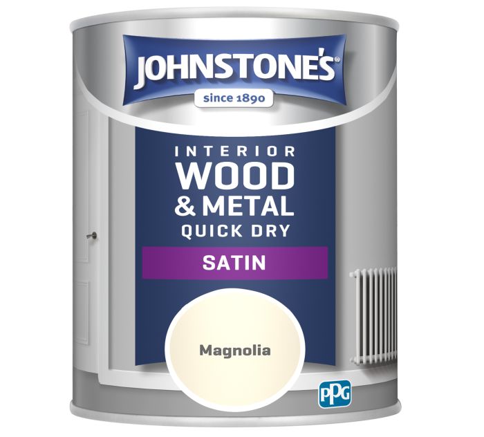 Johnstone's Quick Dry Satin 750ml wood and metal paint in magnolia with a satin finish