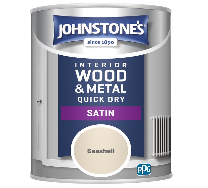 Johnstone's Quick Dry Satin wood and metal paint in Seashell, 750ml tin with a satin finish