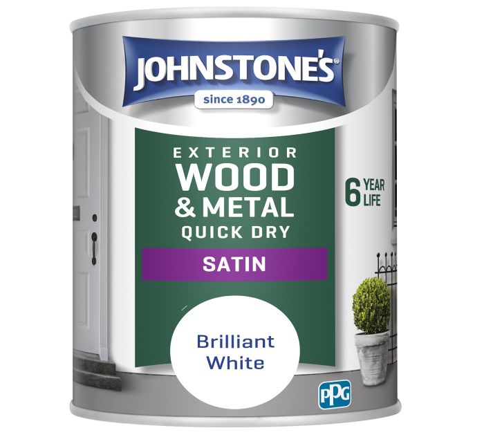 Johnstone's Exterior Quick Dry Satin Brilliant White 750ml 0.75L paint tin