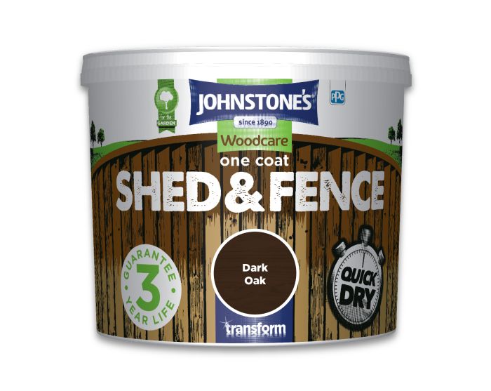Johnstone's Shed & Fence 5L exterior topcoat in Dark Oak for rough sawn timber