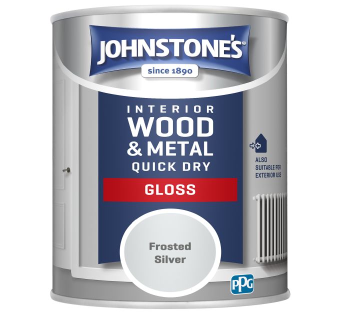 Johnstone's Quick Dry Gloss 750ml tin of wood and metal paint in Frosted Silver