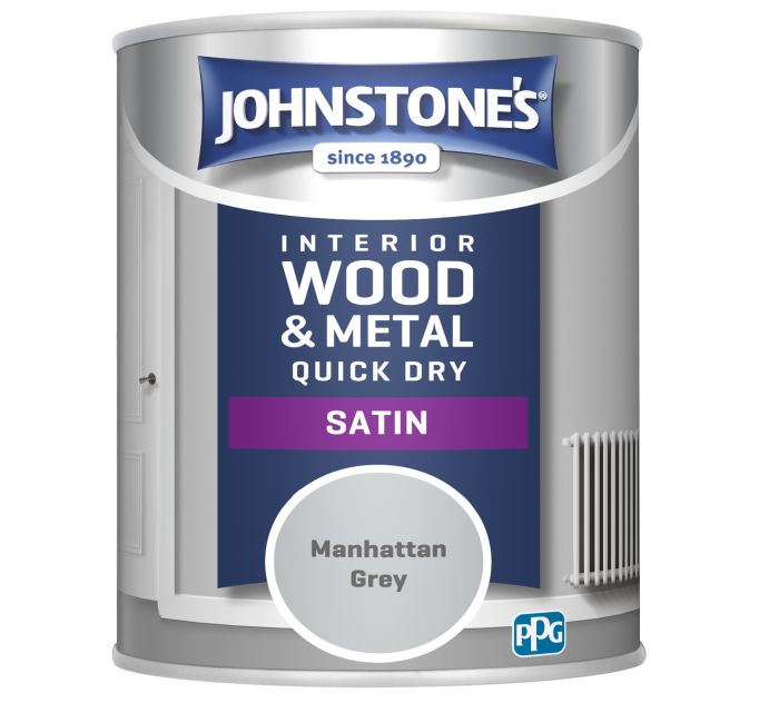 Johnstone's Quick Dry Satin wood and metal paint in Manhattan Grey, 750ml tin