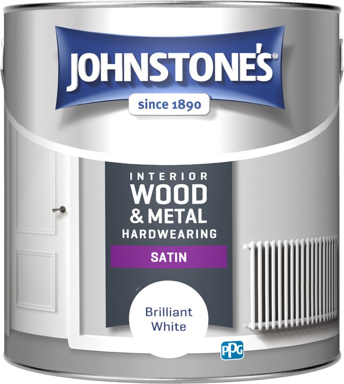 Johnstone's Hardwearing Satin wood and metal paint in Brilliant White, 2.5L tin