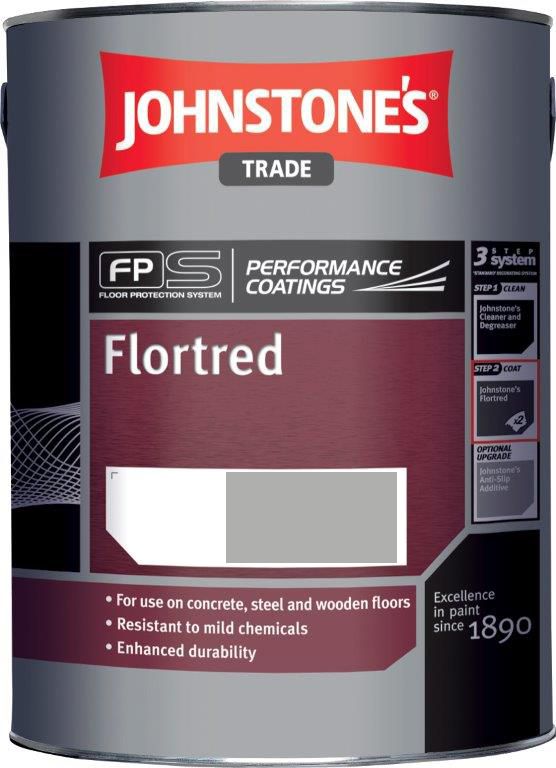 Johnstone's Trade Flortred Floor Paint in Princess Grey, 5L tin of solvent-based semi-gloss coating