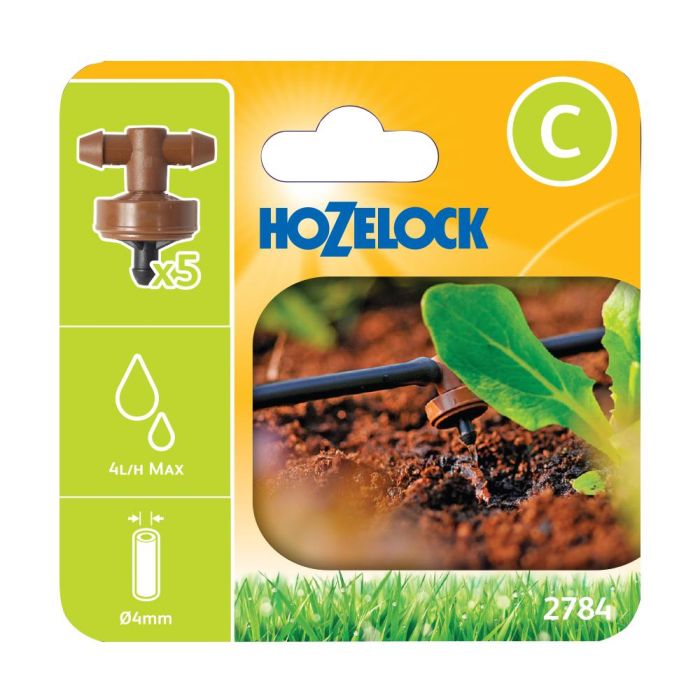 Hozelock 2784 In-Line Pressure Compensating Dripper 4 lph for 4mm systems, pack of 5