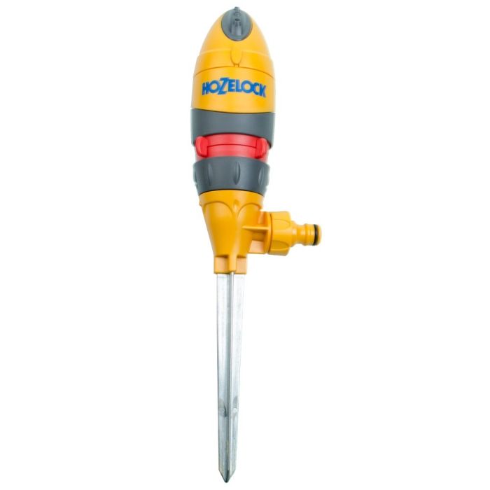 Hozelock 2332 Round Sprinkler Plus 314Sqm with 5 jets and metal spike, featuring red setting rings