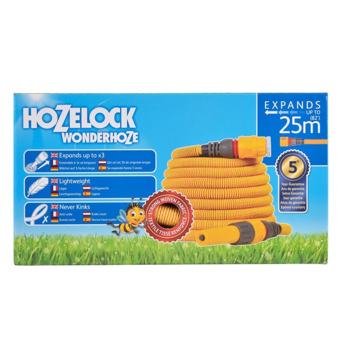 Hozelock Wonderhoze 25m expandable garden hose with woven fabric outer and nozzle