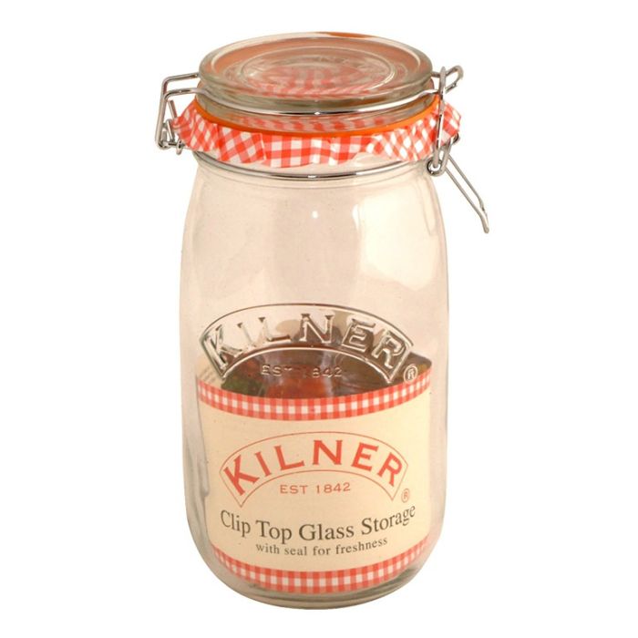 Kilner Round Cliptop Jar - 1.5L glass storage jar with metal clip and orange rubber seal
