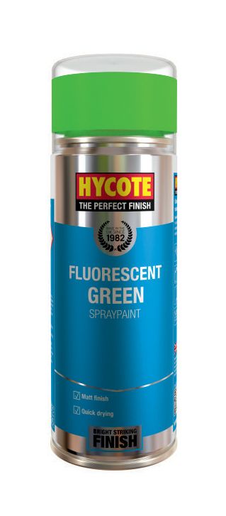 Hycote XUK469 400ml fluorescent green paint aerosol with a matt finish