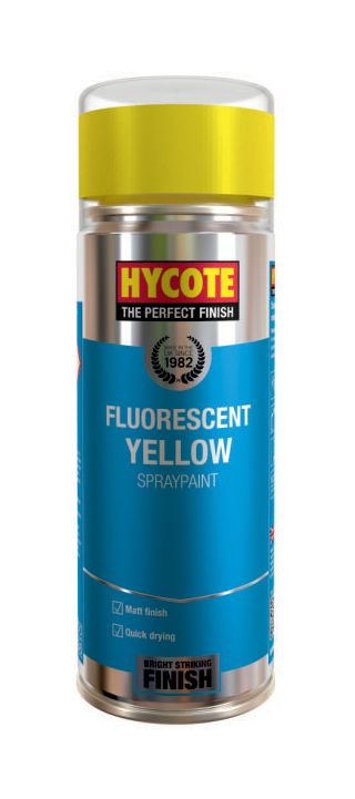 Hycote XUK472 400ml fluorescent yellow paint aerosol with matt finish