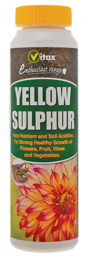 Vitax Yellow Sulphur 225g dual-action plant nutrient and soil acidifier in yellow packaging