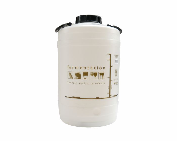 Youngs Wide Neck Fermenter - 25 Litre food grade plastic fermenting vessel with handles and drilled cap