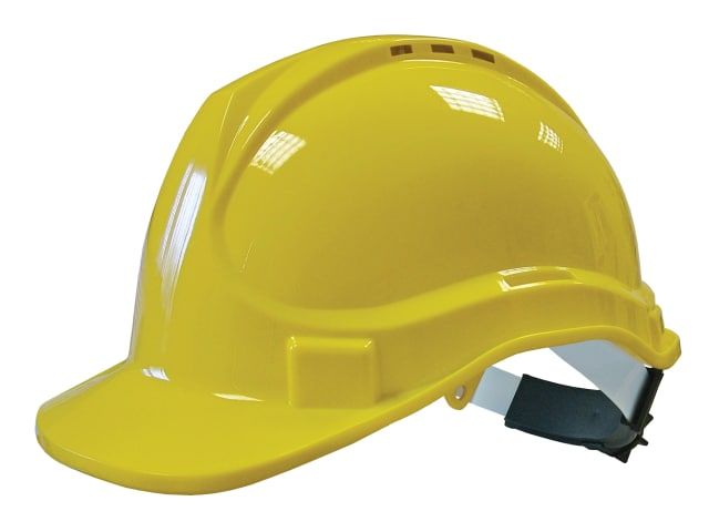 Scan Deluxe Safety Helmet in yellow with 380g weight, ratchet headband, and six-point harness
